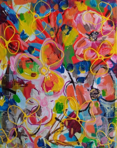 Malerei mit dem Titel "Fleurs Flowers Abst…" von Céline Marcoz, Original-Kunstwerk, Acryl