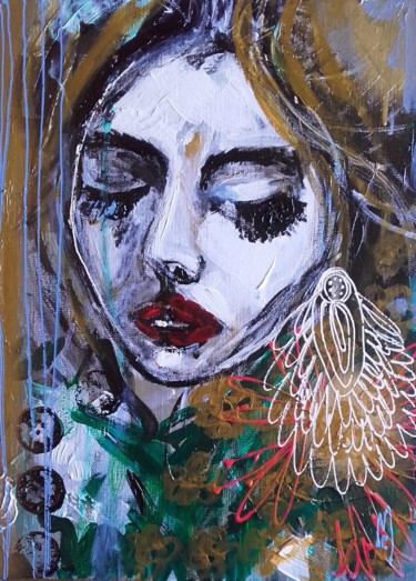 Painting titled "Femme Portrait Woman" by Céline Marcoz, Original Artwork, Acrylic