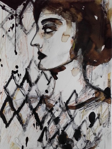 Painting titled "Femme Portrait Woman" by Céline Marcoz, Original Artwork, Watercolor