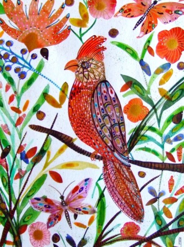 Painting titled "Oiseau Fleurs Birds…" by Céline Marcoz, Original Artwork, Watercolor