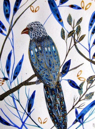 Painting titled "Oiseau Blue Bird" by Céline Marcoz, Original Artwork, Watercolor