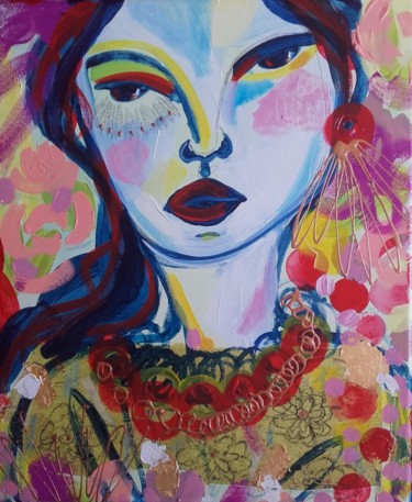 Painting titled "Portrait Femme" by Céline Marcoz, Original Artwork, Acrylic