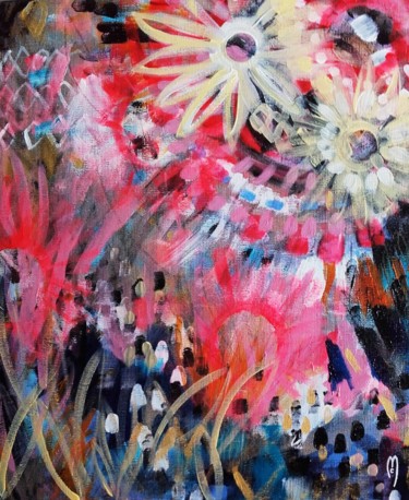 Painting titled "Fleurs Flowers" by Céline Marcoz, Original Artwork, Acrylic
