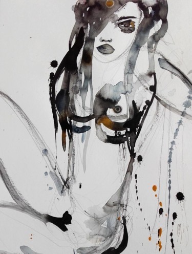 Malerei mit dem Titel "Femme" von Céline Marcoz, Original-Kunstwerk, Aquarell