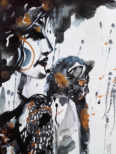 Malarstwo zatytułowany „Femme chat” autorstwa Céline Marcoz, Oryginalna praca, Akwarela
