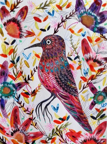 Painting titled "Oiseau et fleurs" by Céline Marcoz, Original Artwork, Watercolor