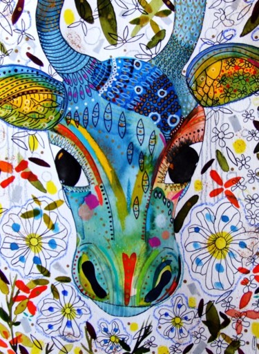 Картина под названием "Vache Cow" - Céline Marcoz, Подлинное произведение искусства, Акварель