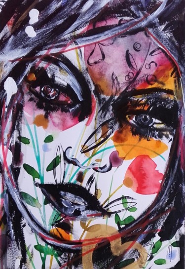 Peinture intitulée "Femme Fleurs Portra…" par Céline Marcoz, Œuvre d'art originale, Aquarelle