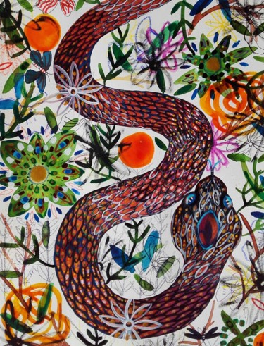 Peinture intitulée "Serpent et Fleurs" par Céline Marcoz, Œuvre d'art originale, Aquarelle
