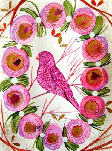 Peinture intitulée "Oiseau et Fleurs Pi…" par Céline Marcoz, Œuvre d'art originale, Aquarelle