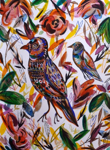 Painting titled "Oiseaux Fleurs Bird…" by Céline Marcoz, Original Artwork, Watercolor