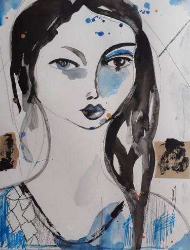 Painting titled "Femme Portrait Bleu" by Céline Marcoz, Original Artwork, Watercolor