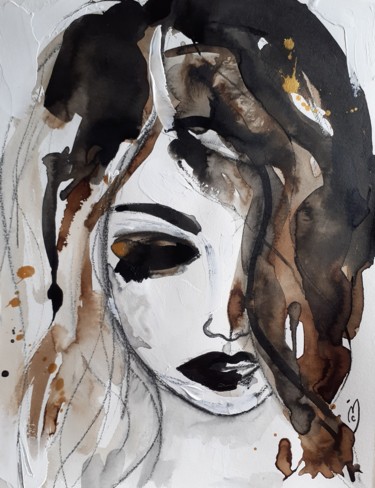 Peinture intitulée "Silence Portrait Fe…" par Céline Marcoz, Œuvre d'art originale, Aquarelle