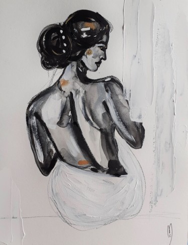Painting titled "Femme de dos" by Céline Marcoz, Original Artwork, Ink