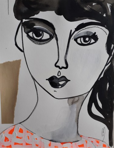Malarstwo zatytułowany „Femme Portrait Visa…” autorstwa Céline Marcoz, Oryginalna praca, Atrament