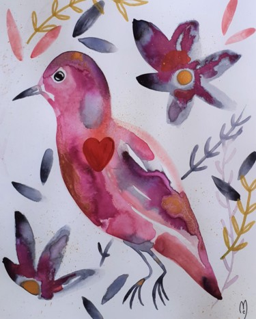 Malerei mit dem Titel "Oiseau Rose Aquarel…" von Céline Marcoz, Original-Kunstwerk, Aquarell