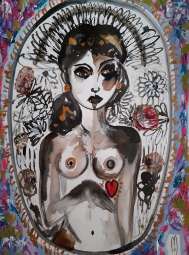 Malerei mit dem Titel "Femme Cœur Portrait" von Céline Marcoz, Original-Kunstwerk, Aquarell