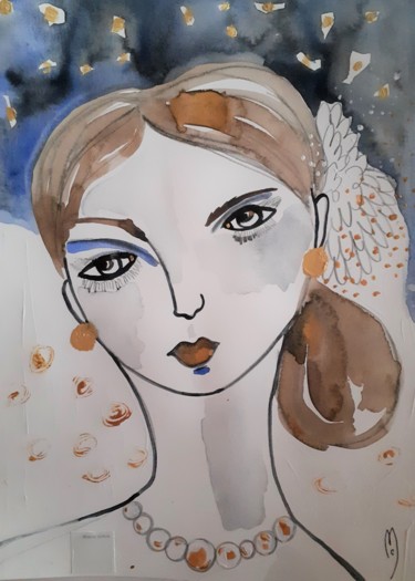 Painting titled "Femme Portrait Ciel…" by Céline Marcoz, Original Artwork, Watercolor