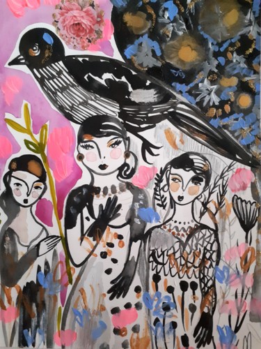 Schilderij getiteld "Pink Oiseaux Filles" door Céline Marcoz, Origineel Kunstwerk, Aquarel