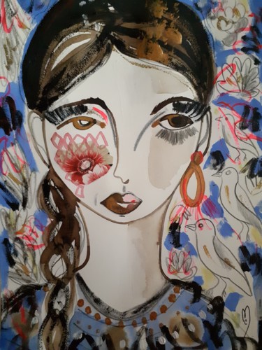 Malerei mit dem Titel "Fille Portrait Fleu…" von Céline Marcoz, Original-Kunstwerk, Aquarell