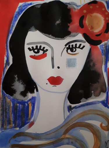 「Portrait Femme Fleu…」というタイトルの絵画 Céline Marcozによって, オリジナルのアートワーク, 水彩画