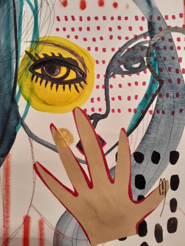 Картина под названием "Portrait avec main" - Céline Marcoz, Подлинное произведение искусства, Акварель