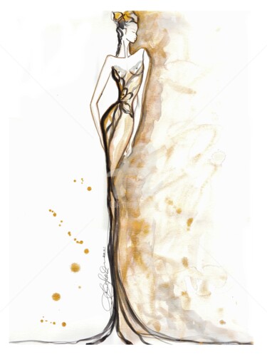 Картина под названием "Art Deco Golden Girl" - Soniastella, Подлинное произведение искусства, Акварель