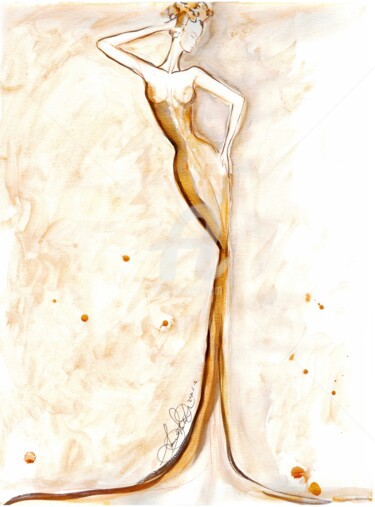 Painting titled "Golden Muse" by Soniastella, Original Artwork, Watercolor