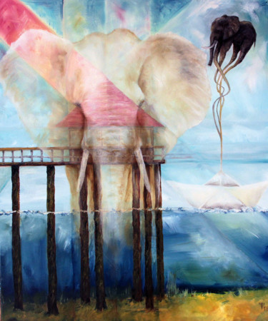 Malerei mit dem Titel "Noahs weißer Elefan…" von Ralf Czekalla, Original-Kunstwerk, Öl