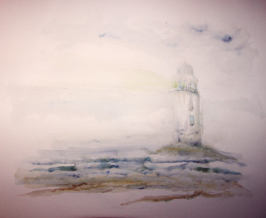 Malerei mit dem Titel "Leuchtturm im Nebel" von Ralf Czekalla, Original-Kunstwerk, Aquarell