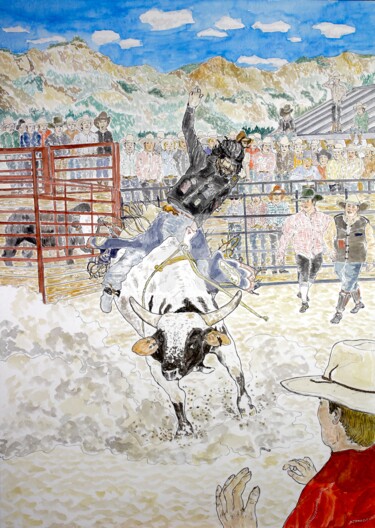Painting titled "Rodeo - bull riding" by Orlando Marin Lopez, Original Artwork, Watercolor