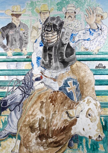 Malerei mit dem Titel "Bull rider" von Orlando Marin Lopez, Original-Kunstwerk, Aquarell