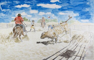 Painting titled "Bull training" by Orlando Marin Lopez, Original Artwork, Watercolor