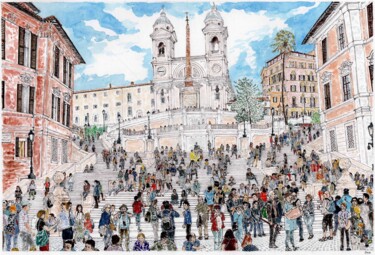 Pittura intitolato "Roma, piazza di Spa…" da Orlando Marin Lopez, Opera d'arte originale, Acquarello