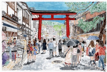 Painting titled "Red Gate, Kyoto" by Orlando Marin Lopez, Original Artwork, Watercolor