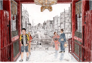 Schilderij getiteld "Kyoto - Main street" door Orlando Marin Lopez, Origineel Kunstwerk, Aquarel
