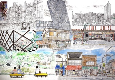 Pintura intitulada "Tokyo architecture" por Orlando Marin Lopez, Obras de arte originais, Aquarela