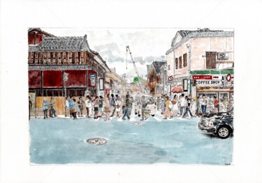 Painting titled "Kyoto crossing" by Orlando Marin Lopez, Original Artwork, Watercolor