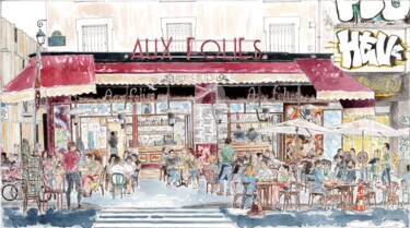 Pintura intitulada "café Aux Folies Bel…" por Orlando Marin Lopez, Obras de arte originais, Aquarela