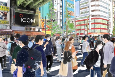 Digitale Kunst getiteld "Akihabara crowd" door Orlando Marin Lopez, Origineel Kunstwerk, Aquarel