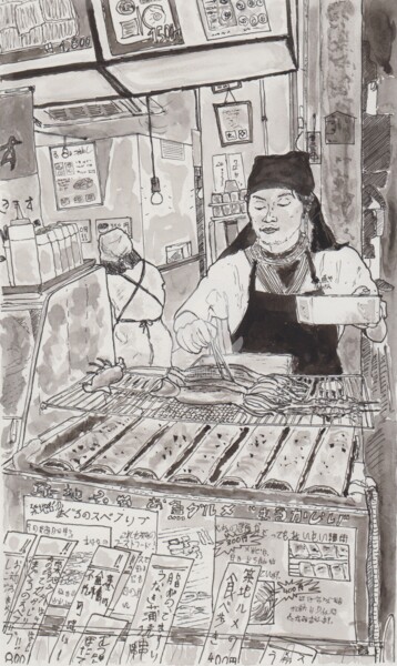 Drawing titled "tsukiji market tokyo" by Orlando Marin Lopez, Original Artwork, Ink