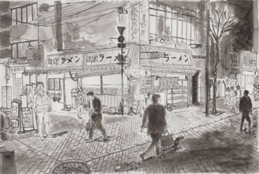 Drawing titled "street at night Tok…" by Orlando Marin Lopez, Original Artwork, Ink