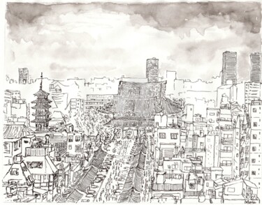 Drawing titled "vue sur asakusa" by Orlando Marin Lopez, Original Artwork, Ink