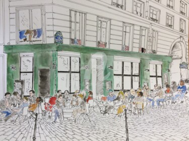 Рисунок под названием "Cafe Paris" - Orlando Marin Lopez, Подлинное произведение искусства, Чернила