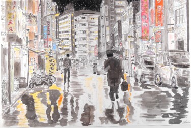 Rysunek zatytułowany „Raining in Tokyo” autorstwa Orlando Marin Lopez, Oryginalna praca, Atrament