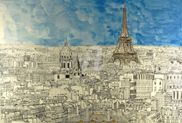 Dessin intitulée "vue de Paris - Pari…" par Orlando Marin Lopez, Œuvre d'art originale, Encre