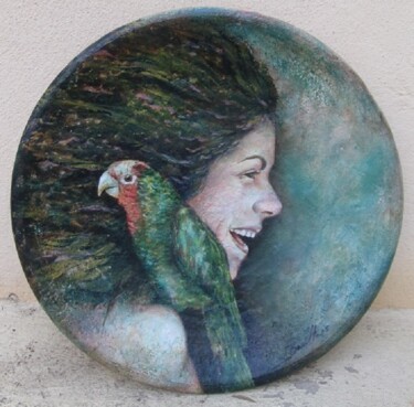 Pittura intitolato "Ada et le perroquet" da Orlando Basulto, Opera d'arte originale, Ceramica