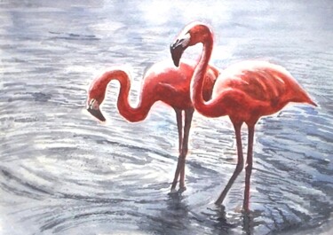 Painting titled "Розовые фламинго" by Orlicz, Original Artwork, Watercolor