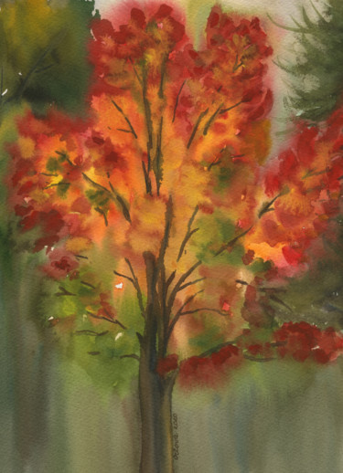 Painting titled "Red maple (watercol…" by Natali Orlova, Original Artwork, Watercolor