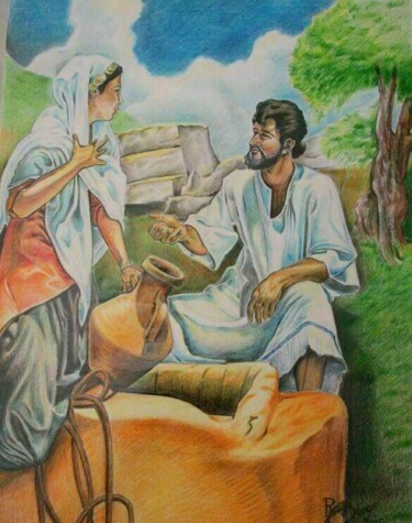 Pintura intitulada "Gesù e la Samaritan…" por Oronzo Curvo, Obras de arte originais, Lápis